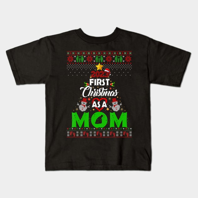Pregnancy Baby 2023 First Christmas As A Mom Ugly Sweater Kids T-Shirt by Mitsue Kersting